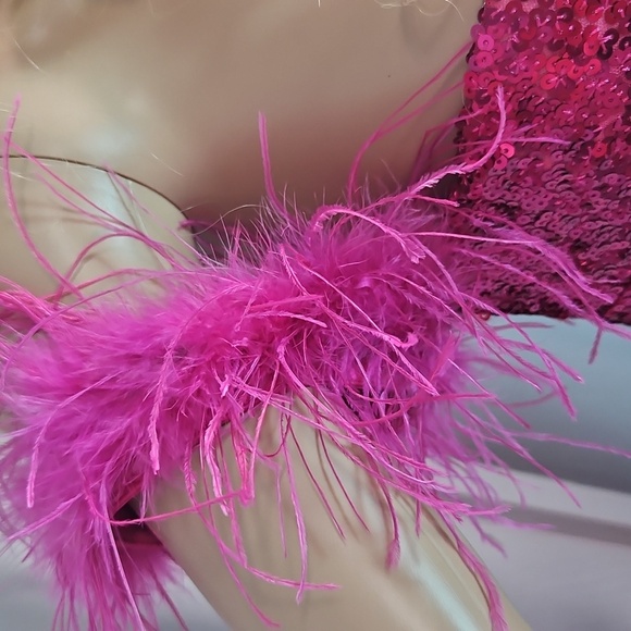 Pink Sequin Gown with Feather Details - Picture 6 of 13